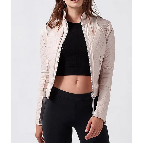 blanc noir Jackets & Blazers - Blanc Noir Pink Women’s Motorcycle Diamond Quilted Leather & Mesh Jacket, Size S